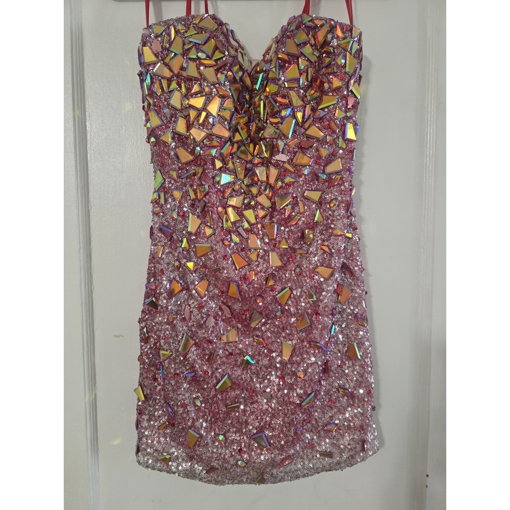 Angela Alison Red Ombre Crystal Beaded Sequin Hoco Prom Mini Pgnt Dress Sz 10